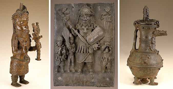 Left to right: Three copper objects from Benin - a figure of a king holding a scepter, a plaque of warriors and musicians, and an unfinished vessel with motifs referring to death.