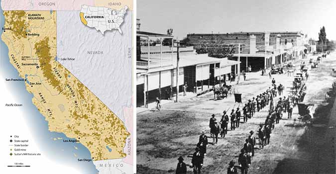 On left, map of California's historic gold mines. On right, black-and-white photo of people parading on foot and horseback down a wide dirt road with single and two-story buildings on one side.